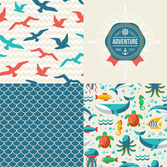 Set of Marine prints. Vector illustration. Nautical seamless pattern with underwater life, scale, whale and fishes. Seagulls ornament. Emblem with anchor and compass.