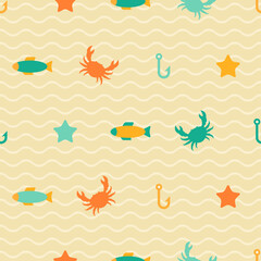 Seamless Patterns of Marine Symbols - crab, sea star, fish and fishhook on wavy background. Vector illustration. Sea life. © kotoffei