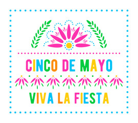 Cinco de Mayo. Viva la fiesta. Mexican holiday poster template. Papel picado banner with floral pattern. Vector greeting card.