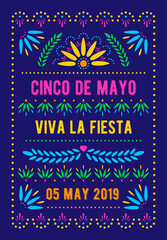 Cinco de Mayo template. Mexican holiday poster. Papel picado banner with floral pattern. Vector greeting card.