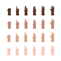 A pair of hands of different skin colors, showing from zero to five fingers. Vector illustration