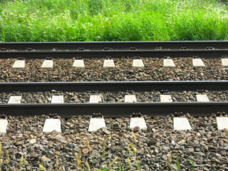 Naklejka premium rails of the Moscow region railway in summer in Sunny weather