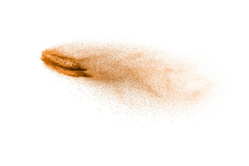 Obraz na płótnie Canvas Brown dry river sand explosion isolated on white background. Abstract sand splashing.