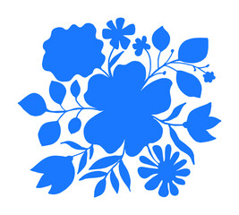 Hand drawn blue silhouette bouquet with flowers and leaves. Vector floral illustration for modern decor, cards, logo, tattoo.
