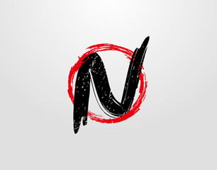 N Letter Logo With Red Circle Grunge Splatter Element. Retro N logo design template.