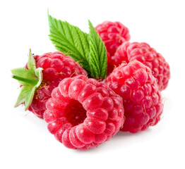 Raspberry isolated. Red raspberries with green leaf isolate. Raspberry with leaf isolated on white.