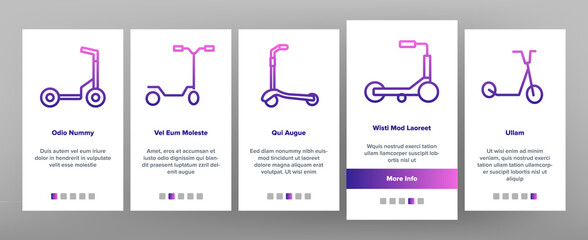 Kick Scooter Vehicle Onboarding Mobile App Page Screen Vector. Kick Scooter In Different Style For Ride On Snow And Street, Electrical Urban Transport Illustrations