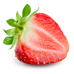 Strawberry half isolated. Strawberry isolate. Strawberry slice on white. Side view strawberry.