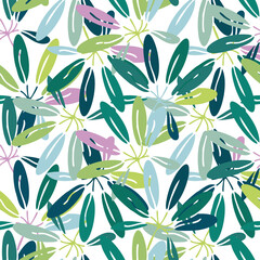 Vector seamless ornamental lined colorful green pattern of tropical leaves