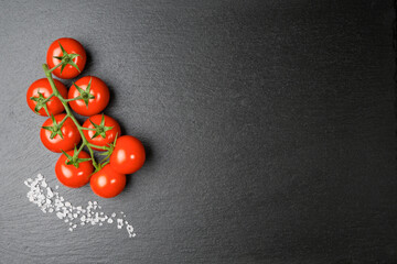 A twig with cherry tomatoes and some coarse salt grains on a slate slab.