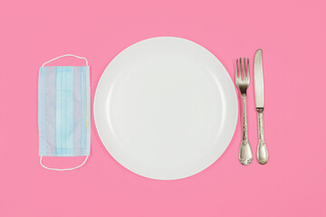 Empty plate with fork and knife and medical mask. Work of restaurants and cafes during the quarantine period