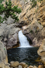 Fototapeta na wymiar Roaring River Fall. Waterfall cascading over granite monoliths into a rock pool. Sequoia National Forest, California,USA