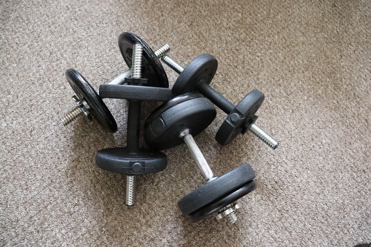 Home fitness exercise equipment with dumbbell weights.