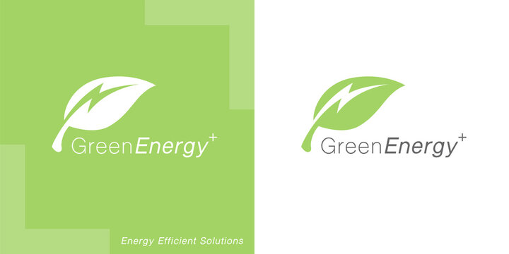 Renewable green energy logo template design. Electric charge leaf icon. Sustainable eco power company symbol. Vector illustration.