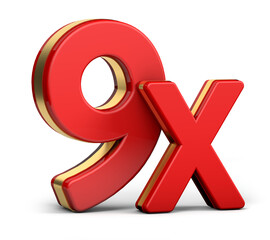 9X gold and red letter isolated on a white background. 3D illustration.