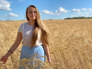 beautiful woman walks in a field with ears, takes pictures in a wheat field
