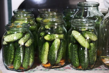 Canned pickled cucumbers in jars. Homemade food
