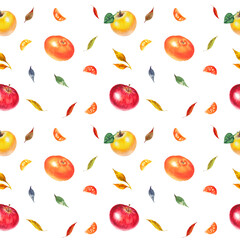Watercolor colorful pattern with  fruits 
appels, madarines and leaves.  White background.