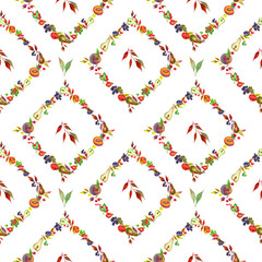Watercolor colorful pattern with  fruits grapes, persimmon, apple, strawberry, hear, plum, peach and leaves. White background.