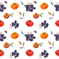 Watercolor colorful pattern with  fruits grapes, persimmon and peach. White background.