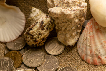 Some old coins and sea shells on the background fabric with a rough texture. Close up.