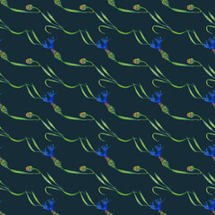 Seamless pattern of cornflower and greenery leaves in parallel line order. Midsummer realistic wildflowers. Watercolor hand painted isolated elements on dark blue background.