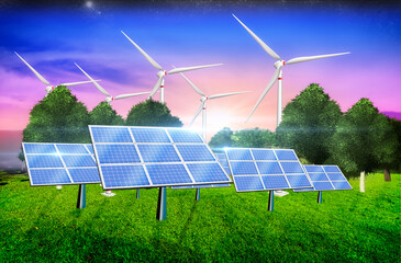 Landscape illustration with solar panels and windmil as a concept of clean energy. Environmental biodiversity in ecosystem concept. Renewable energies. Render 3D.