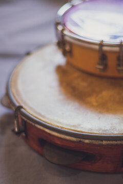 close up of brazilian percussion instruments tambourine and pandeiro