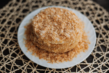 
homemade layer cake with crumb on textured background