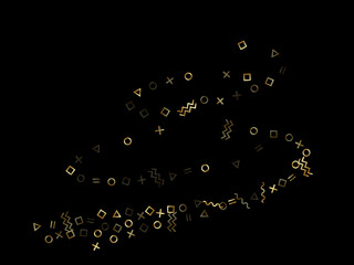 Memphis style geometric confetti vector background of triangle circle square shapes, chevron wavy lines.