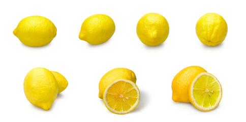 Collection of lemons isolated on white background With clipping path.half sliced lemons and chopped lemon.
