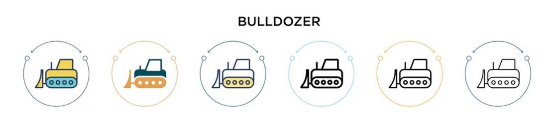 Bulldozer icon in filled, thin line, outline and stroke style. Vector illustration of two colored and black bulldozer vector icons designs can be used for mobile, ui, web