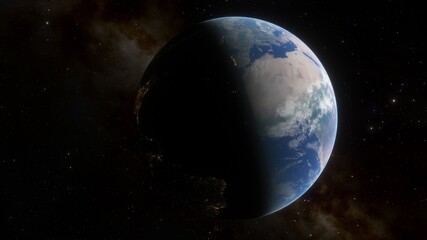 Obraz na płótnie Canvas realistic planet Earth from space, science fiction wallpaper, cosmic landscape, oceanic expanses, sunrise over the earth from space, 3d render 