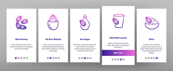 Almond Natural Food Onboarding Mobile App Page Screen Vector. Almond Milk Package And Bottle Drink, Delicious Nut Organic Ingredient And Oil Illustrations