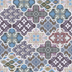 Colorful floral seamless hand drawn ornamental east pattern in patchwork boho chic style with lattice, in portuguese and moroccan motif