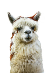 Alpaca whispering at another Alpaca's ear against white background. This has clipping path. It is...