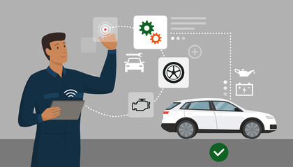 Mechanic performing a car inspection using a digital app