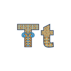 Vector abstract letter T with ornamental pattern. Cartoon signs