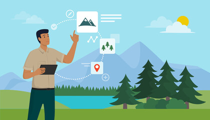 Tourist exploring nature and using a mobile app