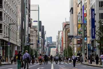 Ginza Boulevard With Little People on a Cloudy Day