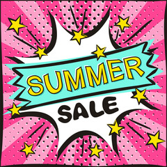 Bright banner for discounts or summer sales in the style of popart. Explosion and on a bright pink background. Template for web design, banners, coupons, applications and posters. Vector illustration.