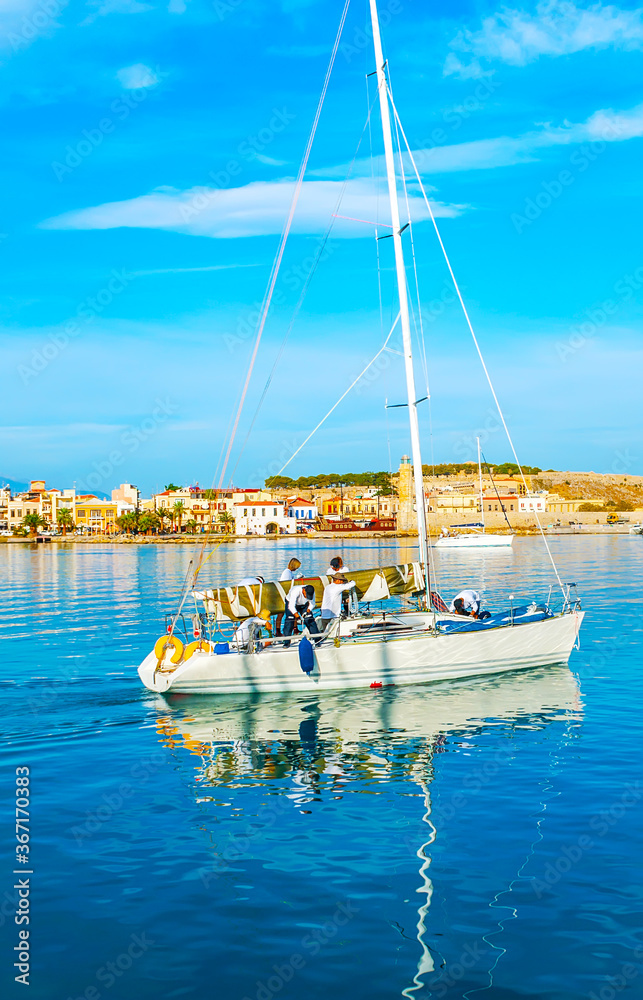 Poster The sail yacht at Rethymno coast, Crete, Greece