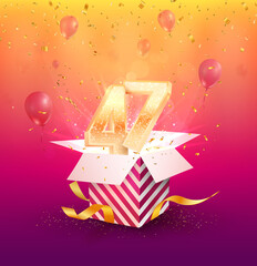 47th years anniversary vector design element. Isolated forty-seven years jubilee with gift box, balloons and confetti on a colorful background.