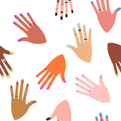 Seamless pattern with hands showing manicure and nail care on white background. Vector illustration.