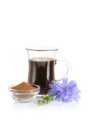 Chicory drink and chicory flowers isolated on white background with copy space