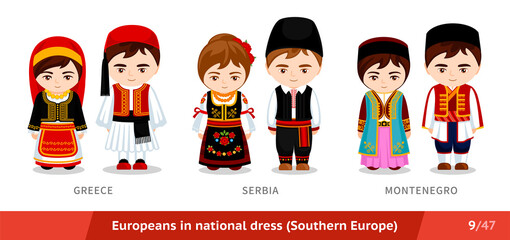 Greece, Serbia, Montenegro. Men and women in national dress. Set of european people wearing ethnic clothing. Cartoon characters. Southern Europe. Vector flat illustration. - obrazy, fototapety, plakaty