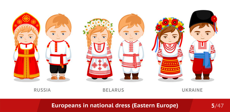 Russia, Belarus, Ukraine. Men and women in national dress. Set of european people wearing ethnic clothing. Cartoon characters in traditional costume. Eastern Europe. Vector flat illustration.