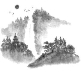 Fototapeta na wymiar Background with mountains. Ink mountain. Black and white image. Ink Chinese mountain landscape. Mountains in the fog. Trees on the mountain. Ink image. Pines. Hill, peak 