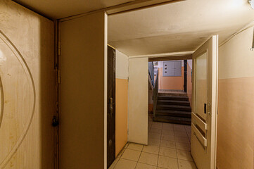 Russia, Moscow- February 10, 2020: interior public place, house entrance. doors, walls, staircase corridors
