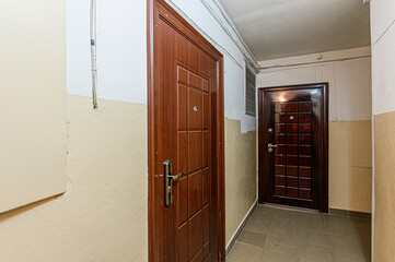 Russia, Moscow- February 10, 2020: interior public place, house entrance. doors, walls, staircase corridors